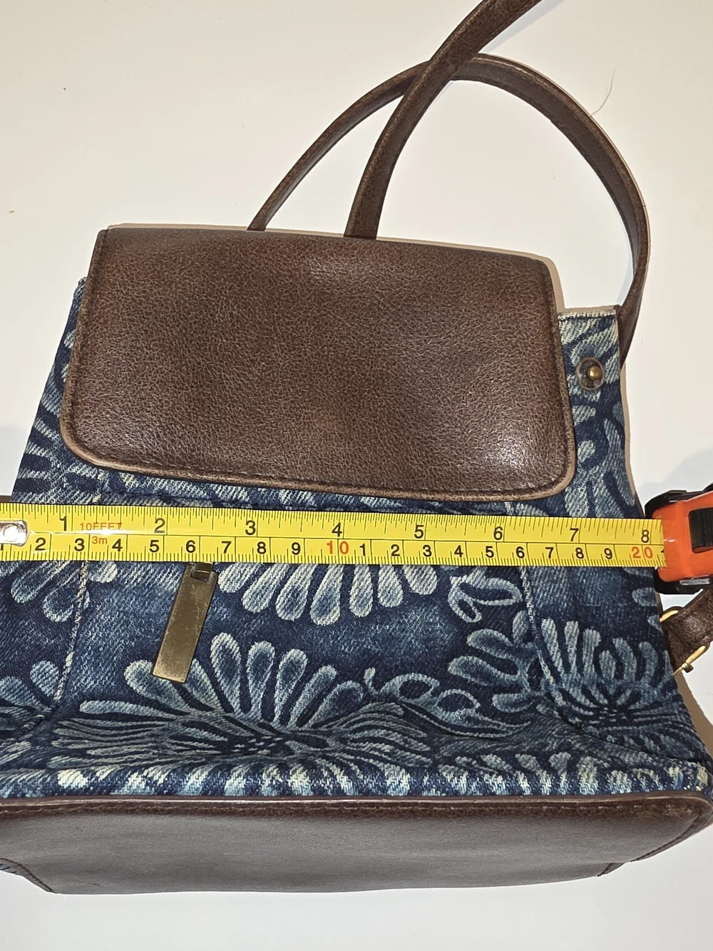 Blue Floral Denim Backpack with Brown Trim